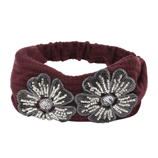 Diadema ancha vintage con flores de lentejuelas para mujer, color rojo oscuro, 1 unidad
