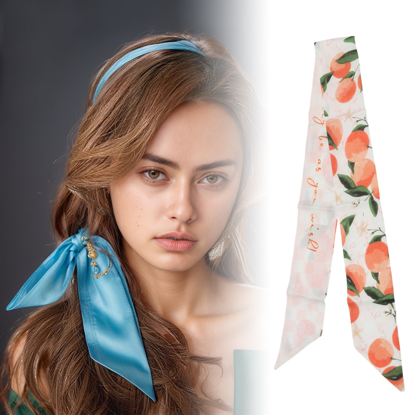 Fruit Print Long Ribbon Headband for Women Orange Yellow 1 Pc
