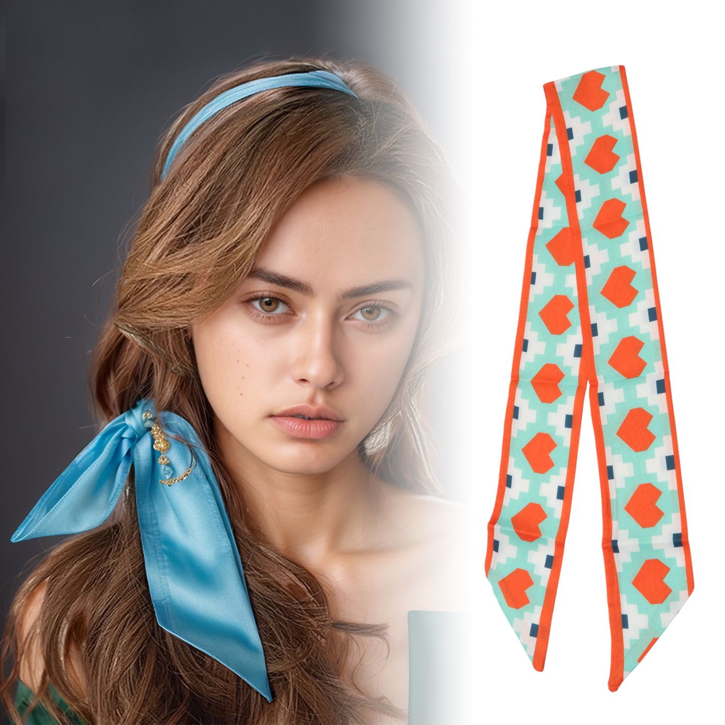 Heart Long Ribbon Headband for Women Blue White 1 Pc