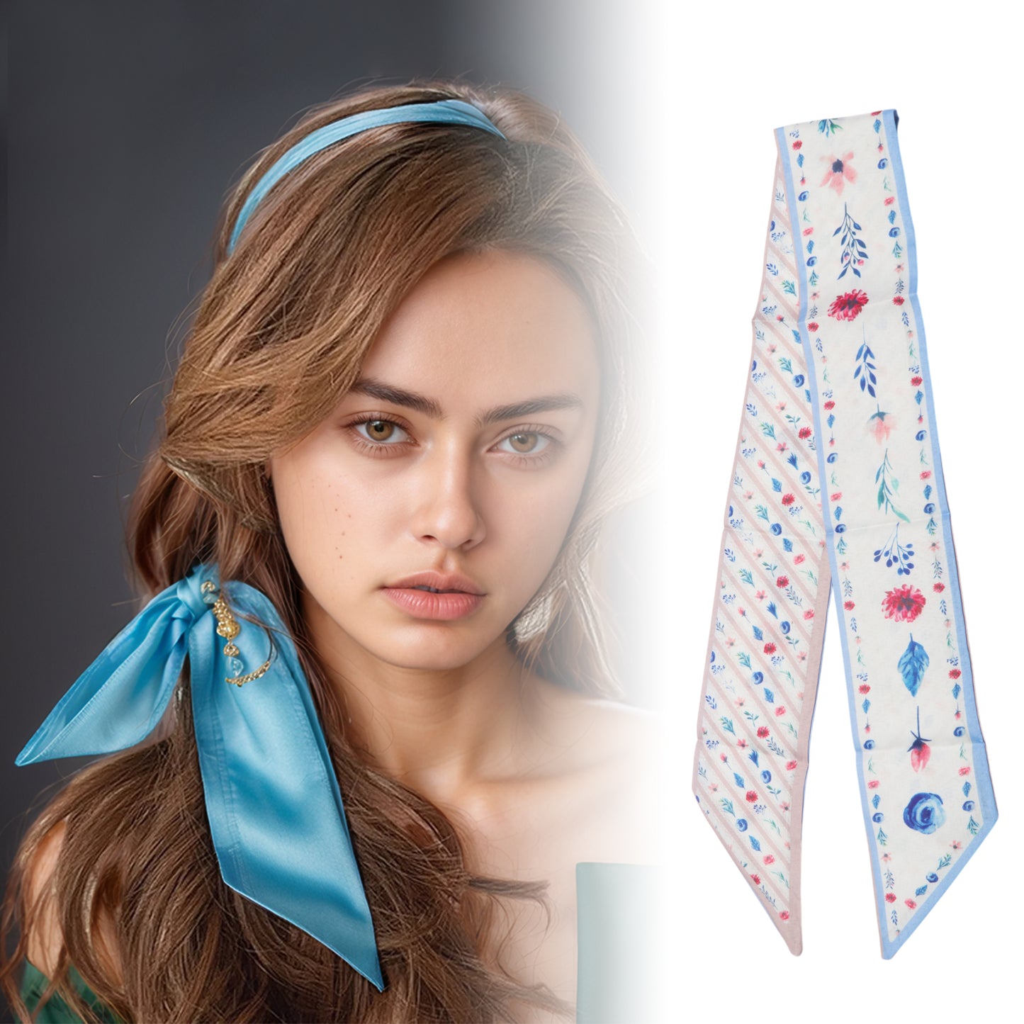 Diadema larga con lazo floral para mujer, color azul, 1 unidad