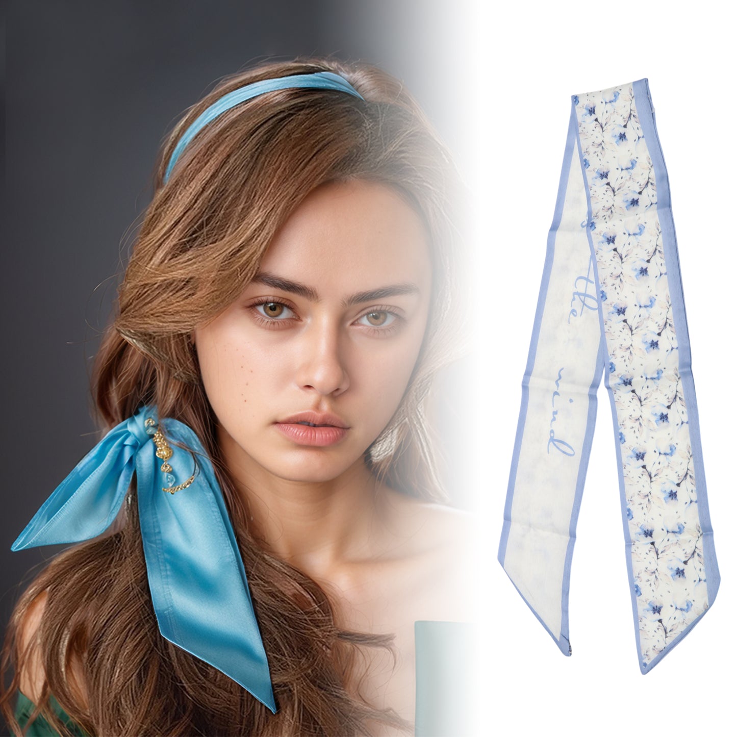 Diadema larga con lazo de flores para mujer, color azul, 1 unidad