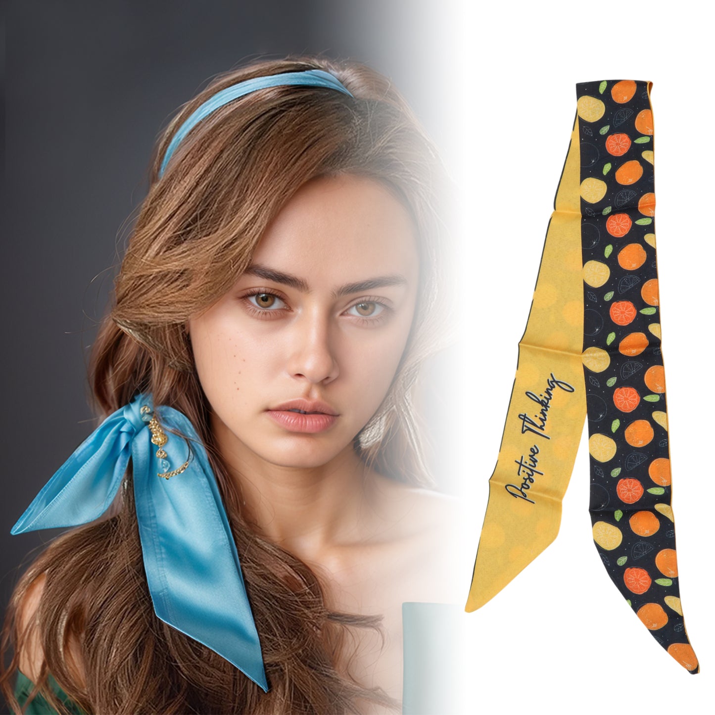 Diadema larga con lazo de frutas para mujer, color negro y naranja, 1 unidad