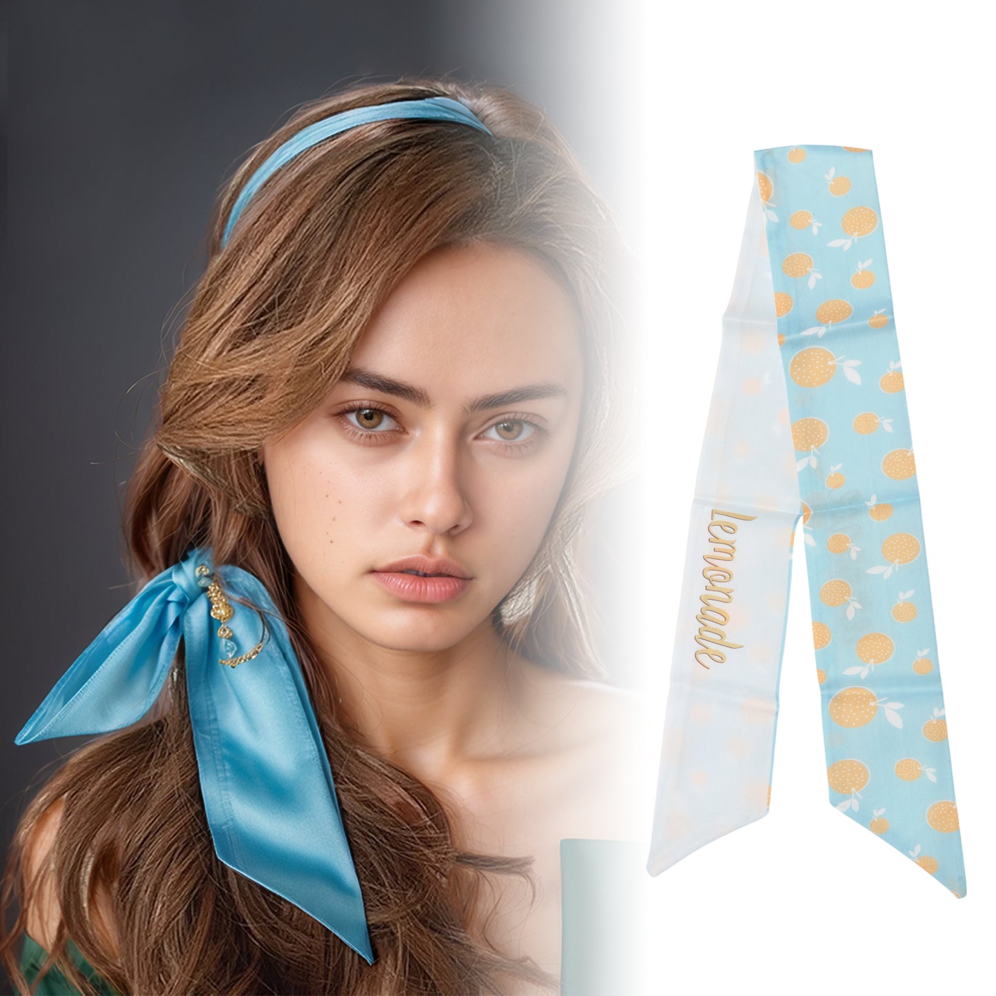 Long Ribbon Leaves Pattern Headband for Women Light Blue White 1 Pc