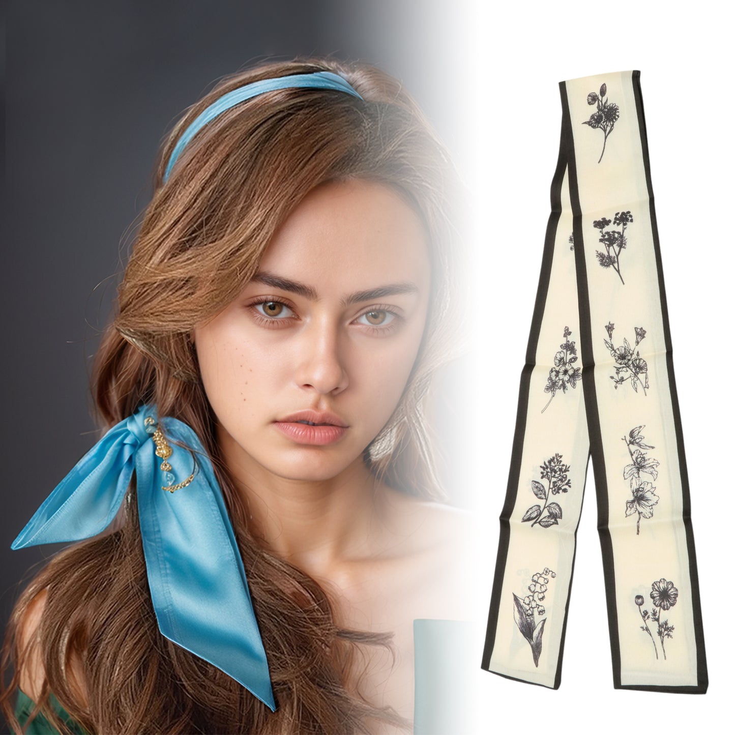 Diadema larga con flores para mujer, color negro y beige, 1 unidad