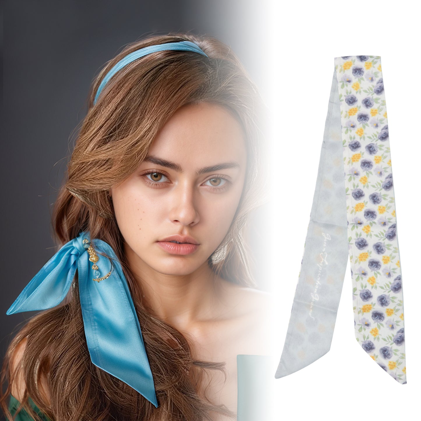 Rose Long Ribbon Headband for Women Blue Gray 1 Pc