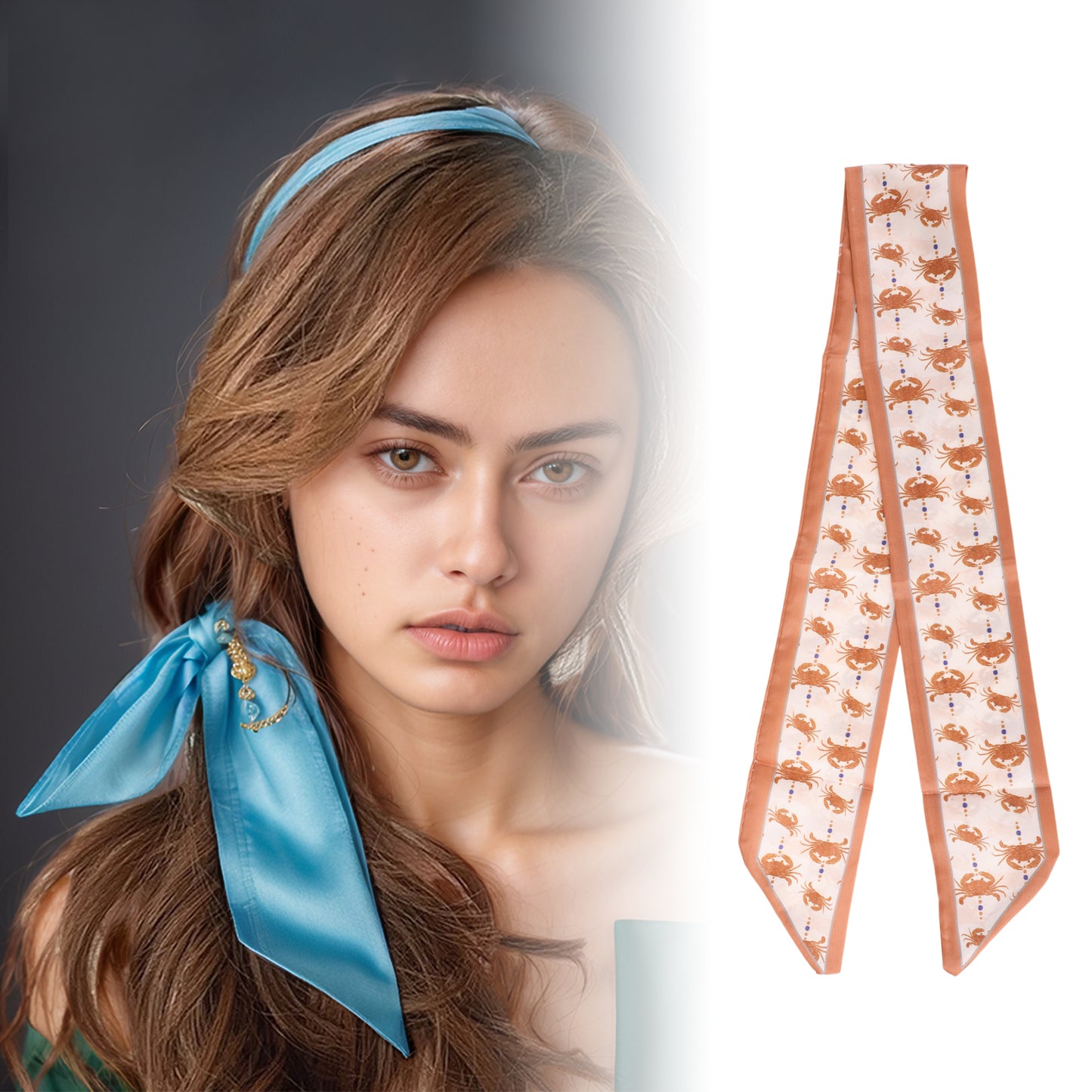 Seafood Long Ribbon Headband for Women Red Beige 1 Pc