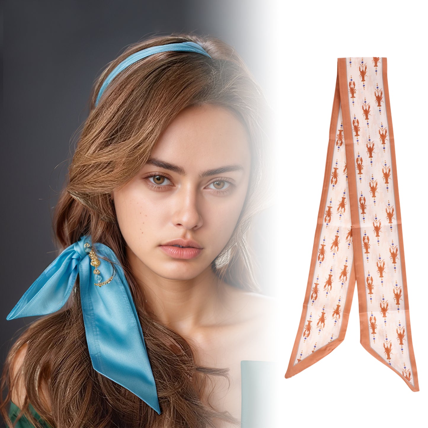 Lobster Long Ribbon Headband for Women Red Beige 1 Pc