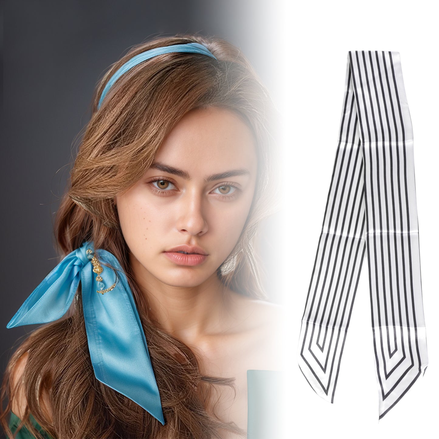 Self-tie Stripes Satin Headband Neckerchief for Women White 1 Pc