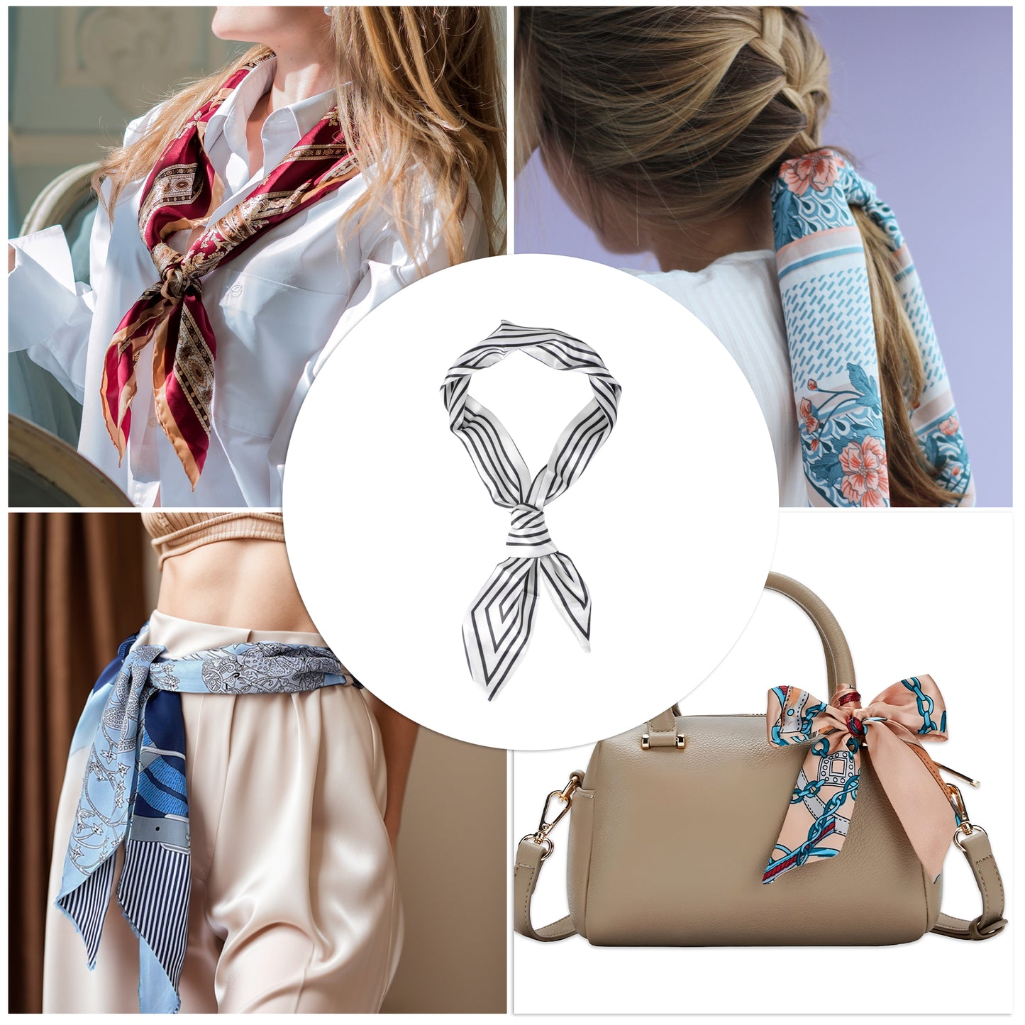 Self-tie Stripes Satin Headband Neckerchief for Women White 1 Pc