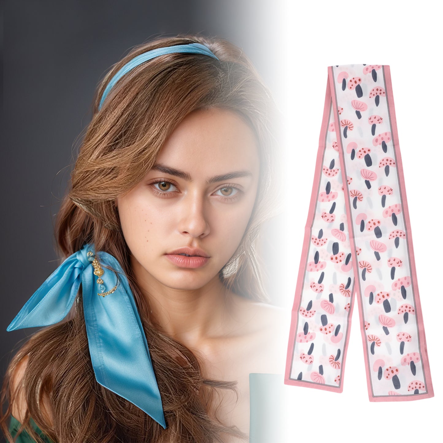 Mushrooms Satin Headband for Women Neckerchief Beige Pink 1 Pc
