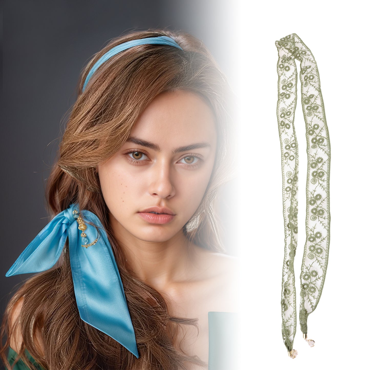 Pendants Decor Lace Embroidery Self-tie Headband for Women Green 1 Pc
