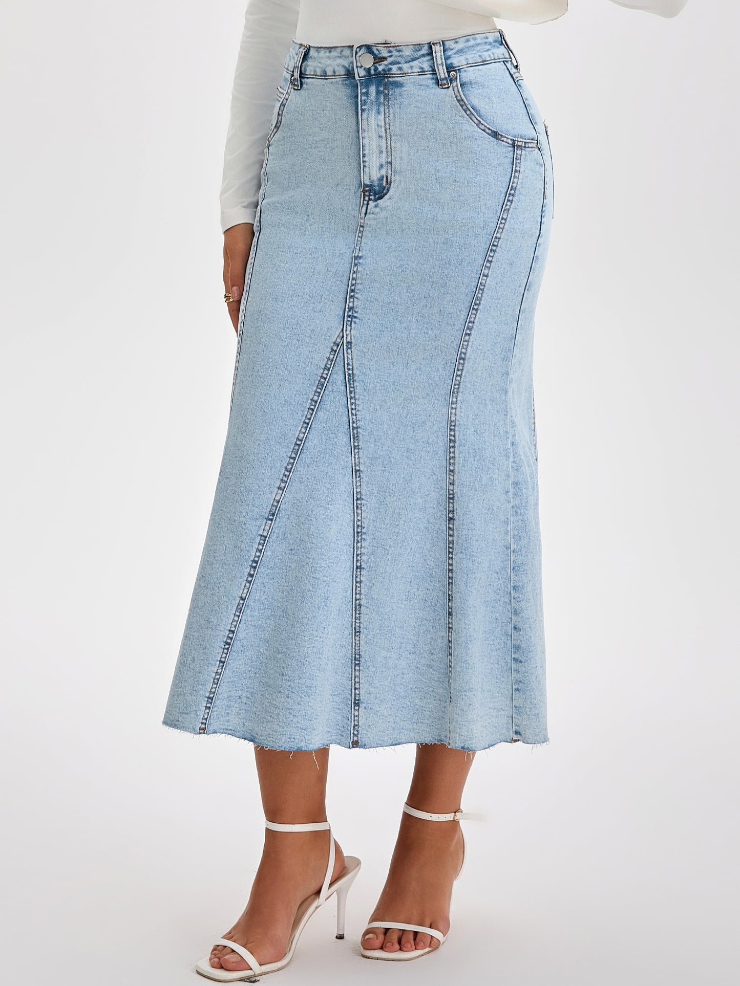 Women's Denim High Waisted Fit and Flare Maxi Skirt