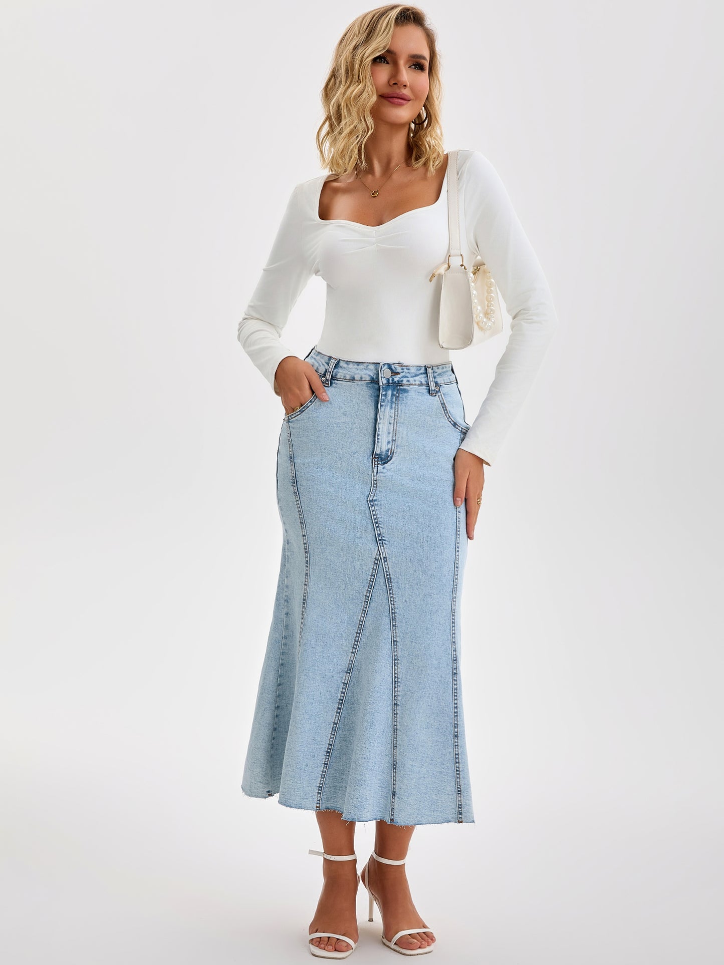 Women's Denim High Waisted Fit and Flare Maxi Skirt