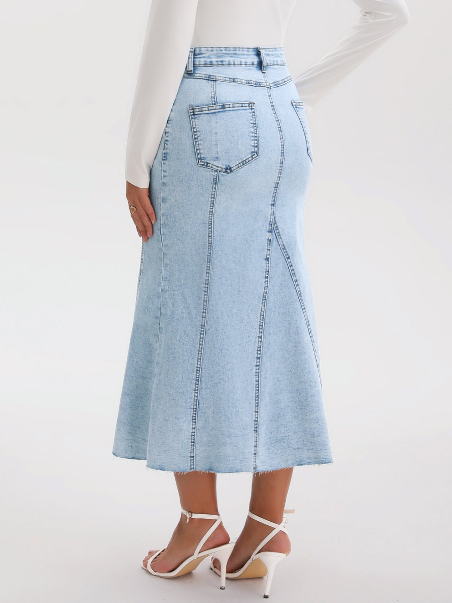 Women's Denim High Waisted Fit and Flare Maxi Skirt