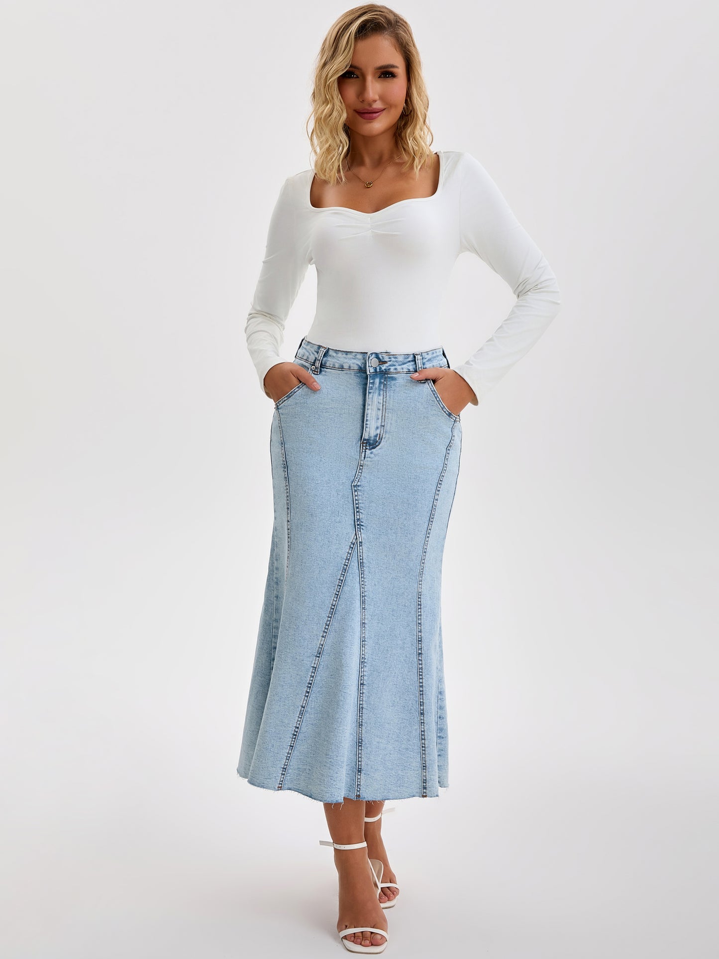 Women's Denim High Waisted Fit and Flare Maxi Skirt
