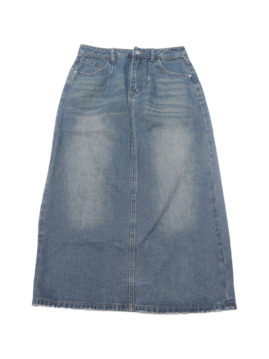 Women's Denim Stretch High Waisted Split Back Pockets Pencil Midi Skirt