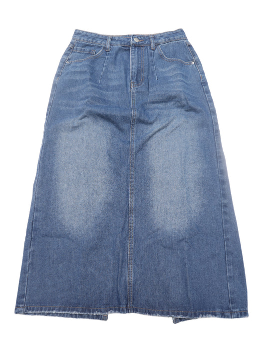 Women's Denim Stretch High Waisted Split Back Pockets Pencil Midi Skirt