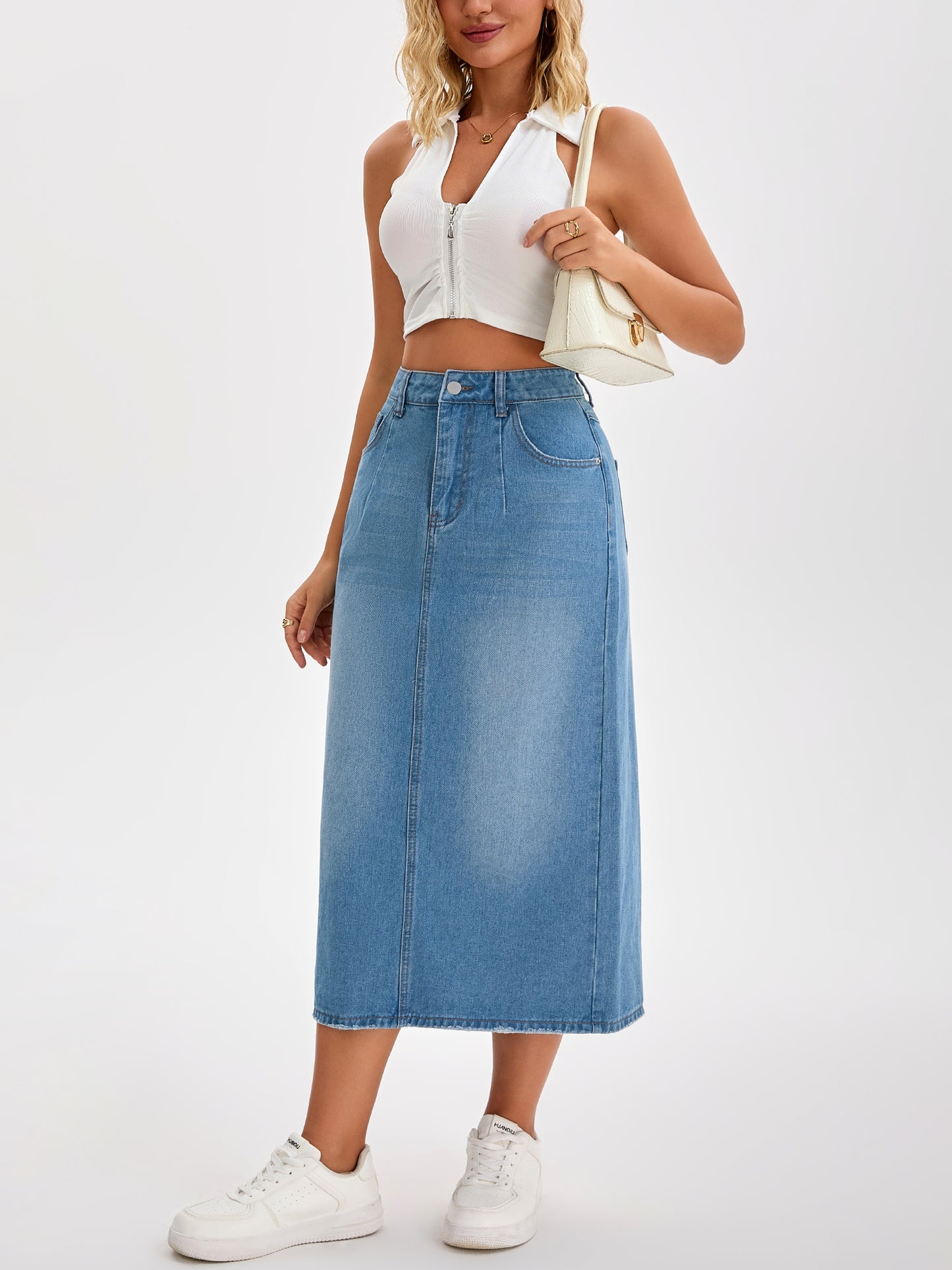 Women's Denim Stretch High Waisted Split Back Pockets Pencil Midi Skirt