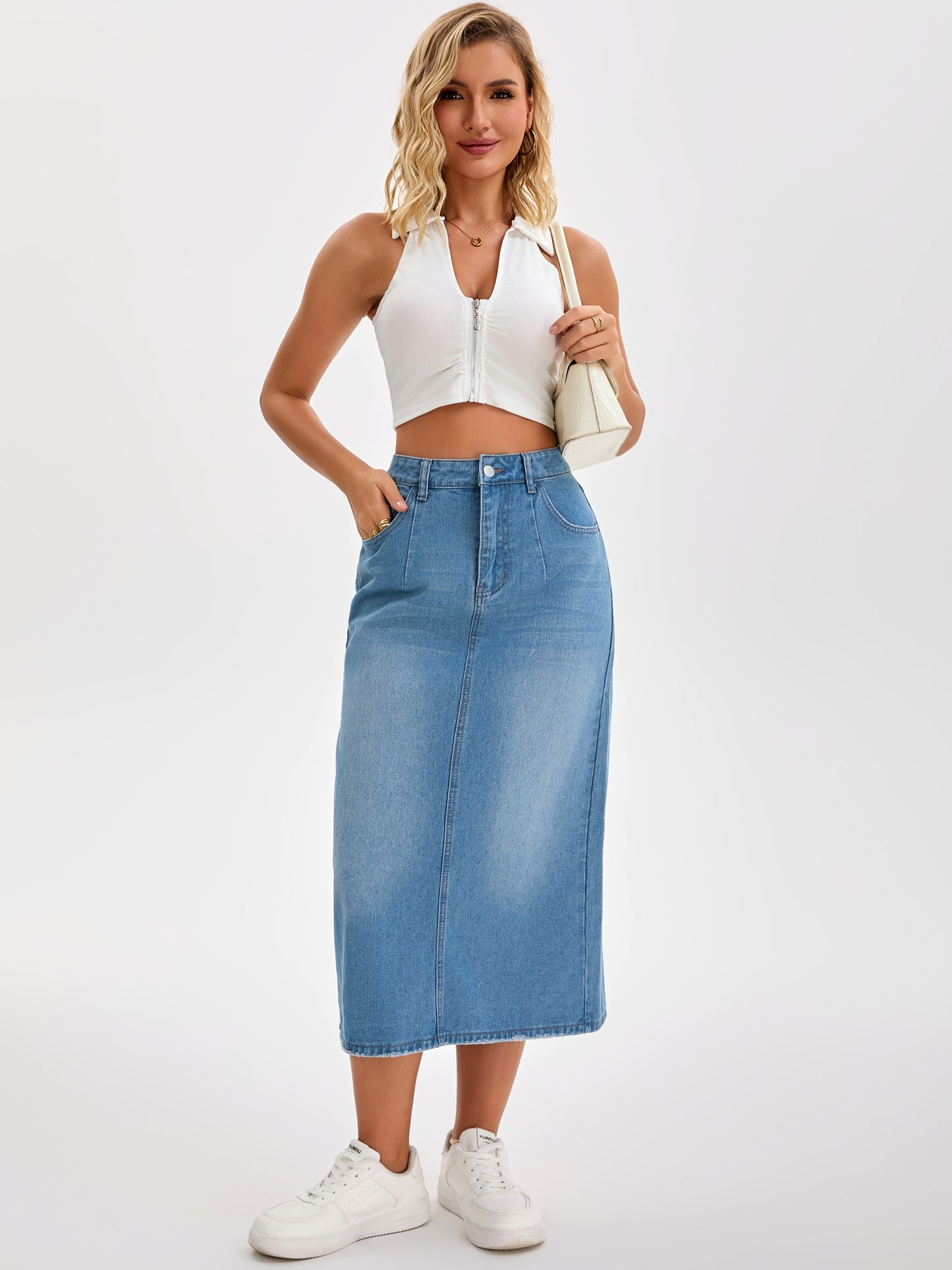 Women's Denim Stretch High Waisted Split Back Pockets Pencil Midi Skirt