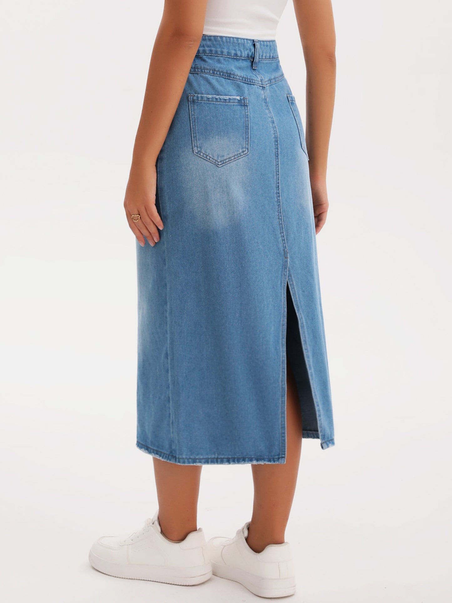 Women's Denim Stretch High Waisted Split Back Pockets Pencil Midi Skirt