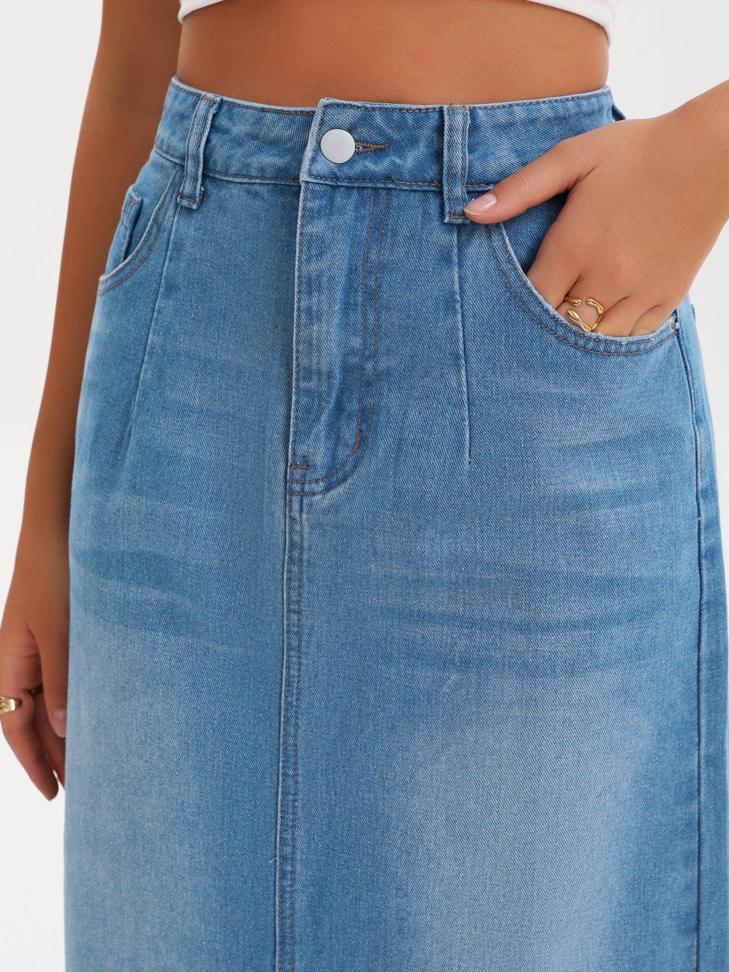 Women's Denim Stretch High Waisted Split Back Pockets Pencil Midi Skirt