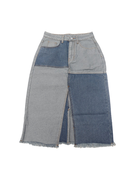 Falda vaquera midi con abertura y dobladillo sin rematar con patchwork de bloques de color vintage para mujer