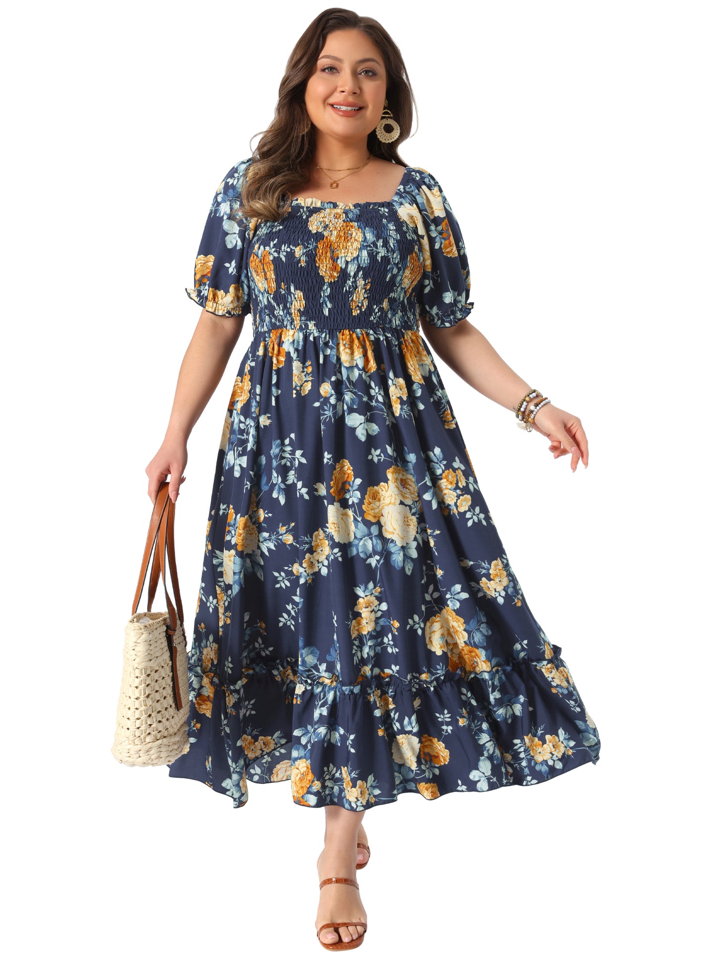 Women Plus Size Short Sleeve Shirred Square Neck Floral Maxi Long Dress