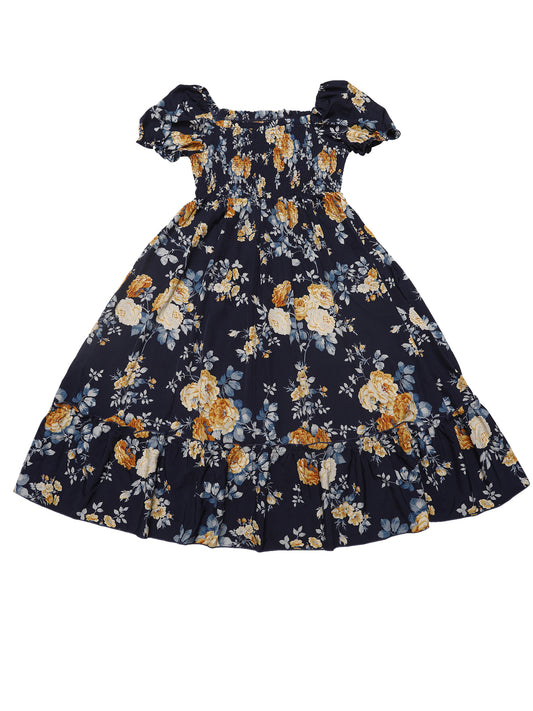 Women Plus Size Short Sleeve Shirred Square Neck Floral Maxi Long Dress