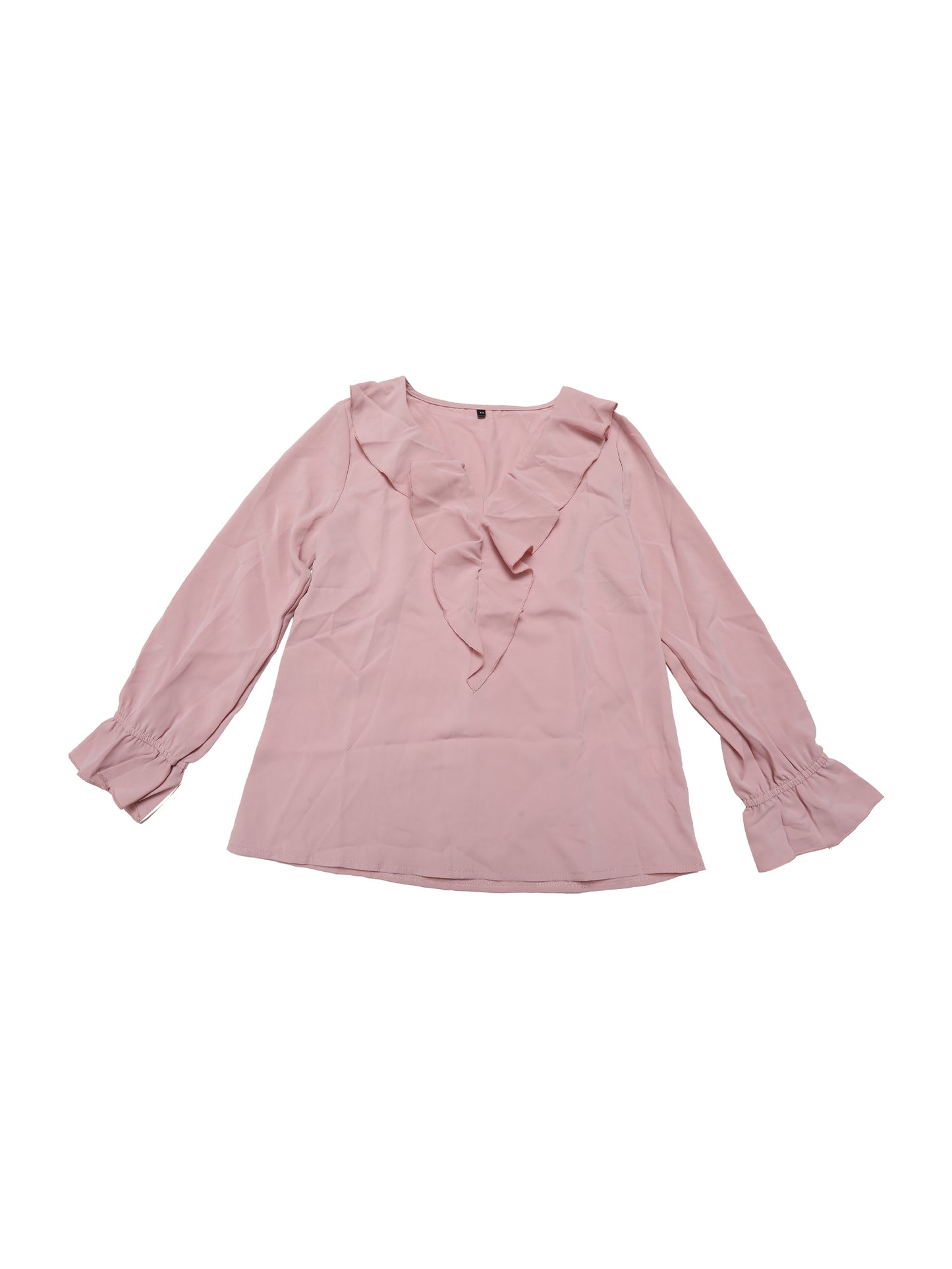 Blusa elegante con volantes para mujer, cuello en V, manga larga, informal, elegante