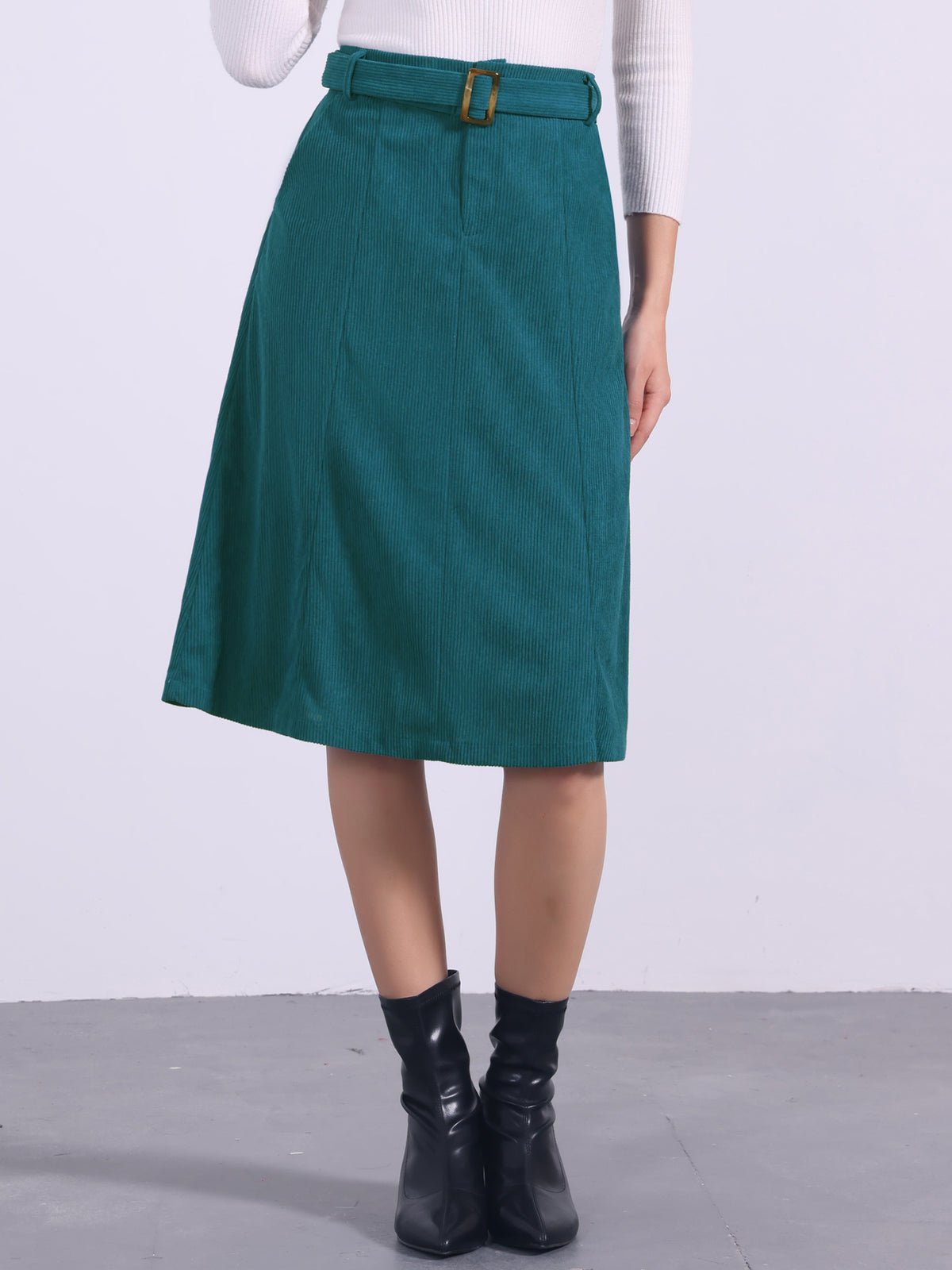 Women's High Waist Elastic Back A-Line Belted Winter Fall Midi Corduroy Skirt