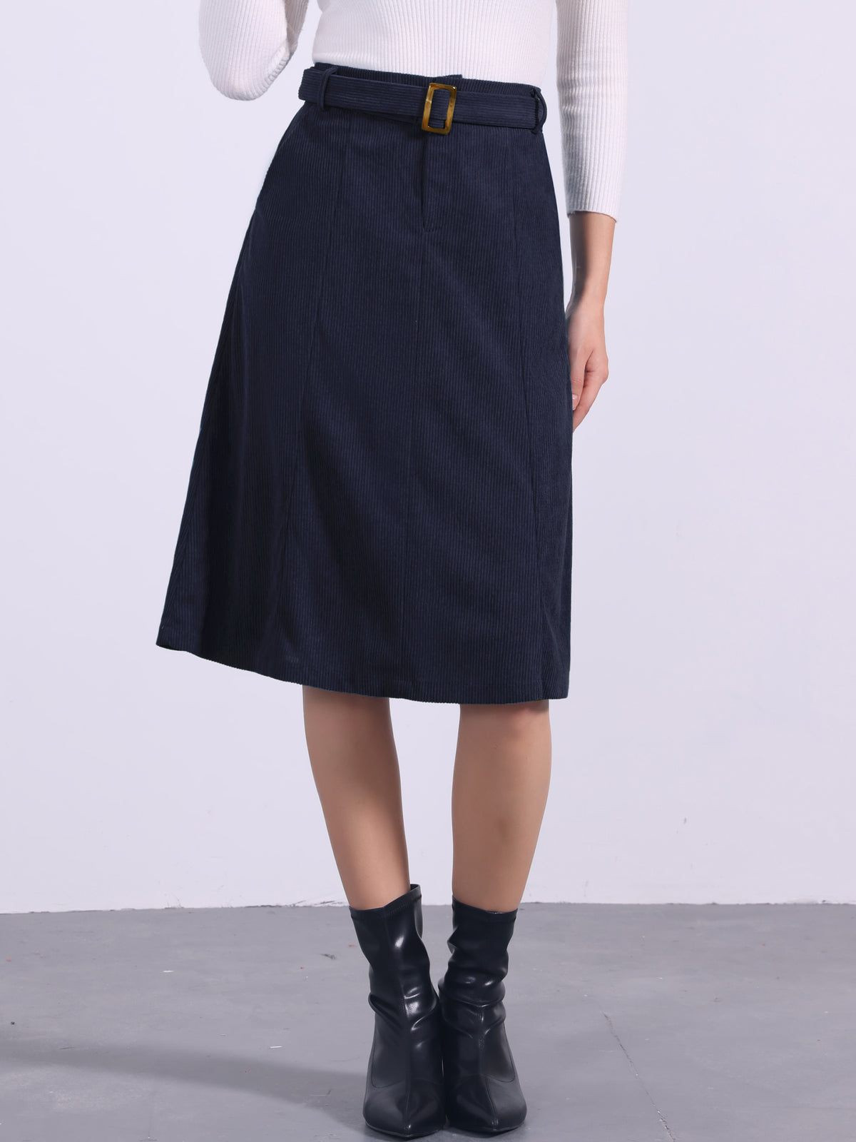 Women's High Waist Elastic Back A-Line Belted Winter Fall Midi Corduroy Skirt