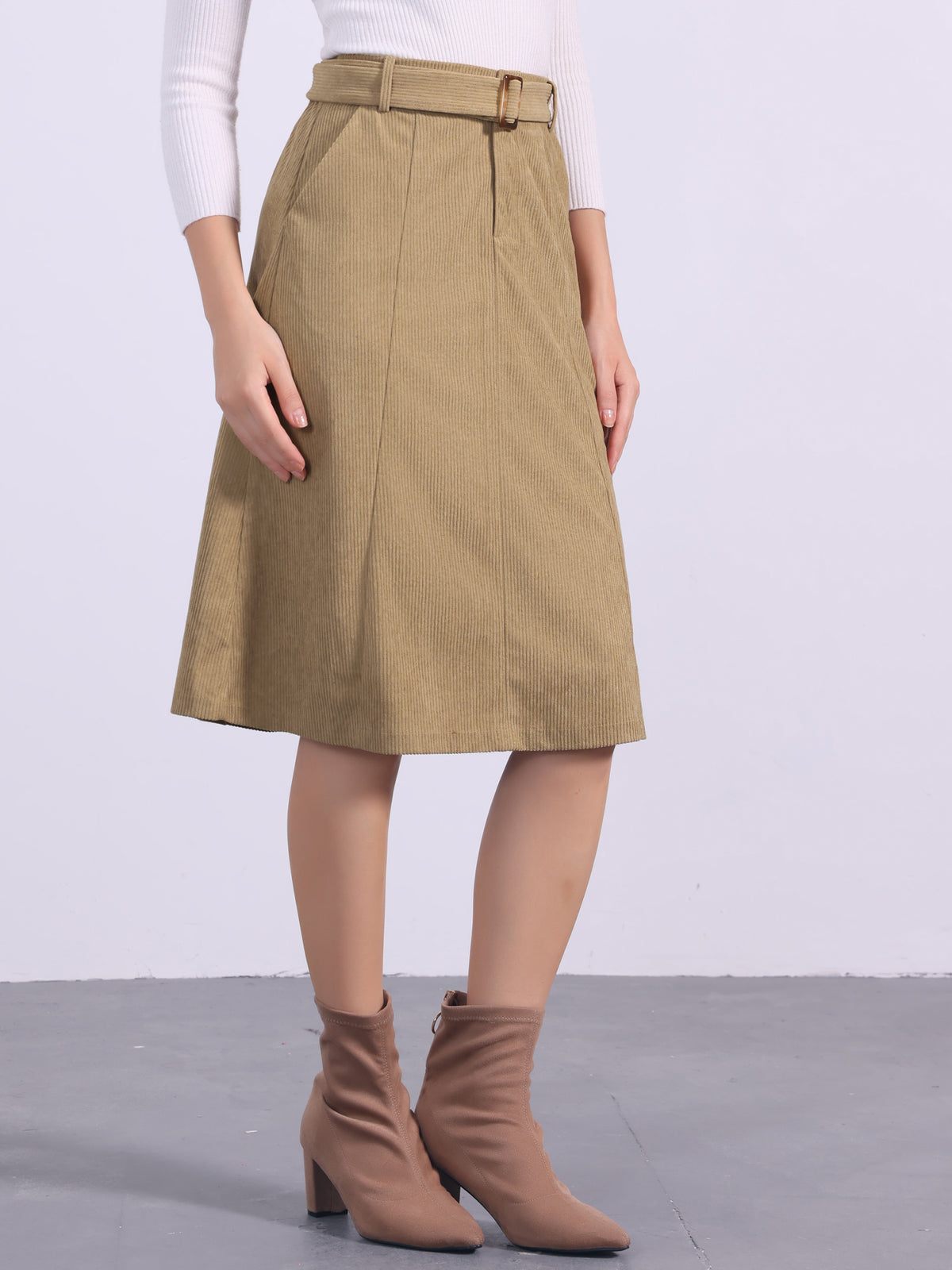 Women's High Waist Elastic Back A-Line Belted Winter Fall Midi Corduroy Skirt