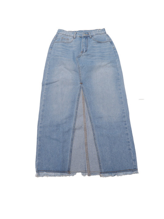 Women's Denim High Waist Split Front Raw Hem Washed Maxi Skirt with Pockets