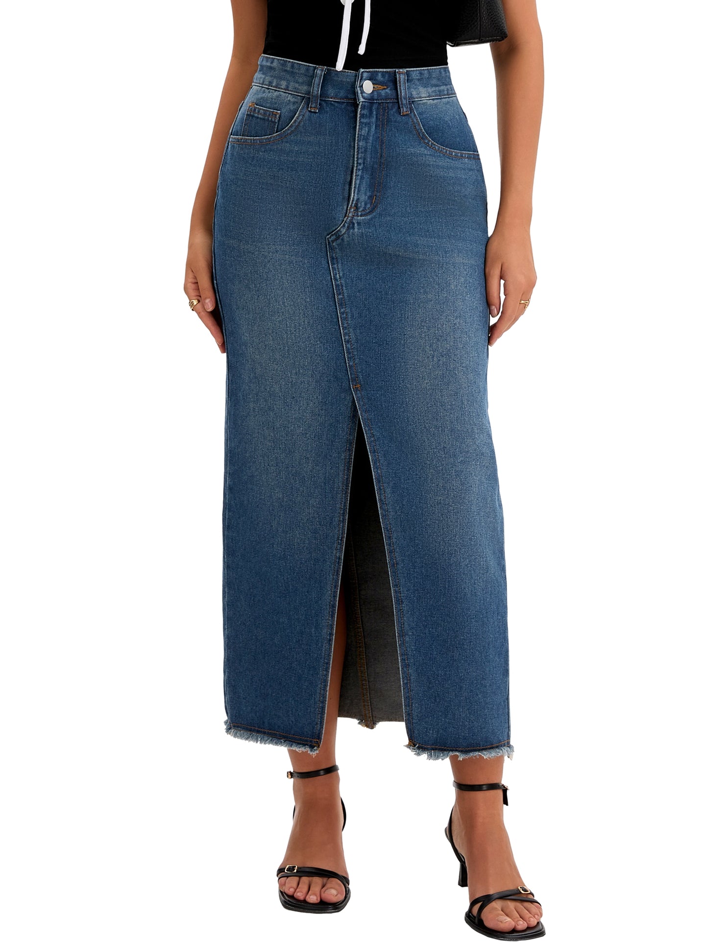 Women's Denim High Waist Split Front Raw Hem Washed Maxi Skirt with Pockets