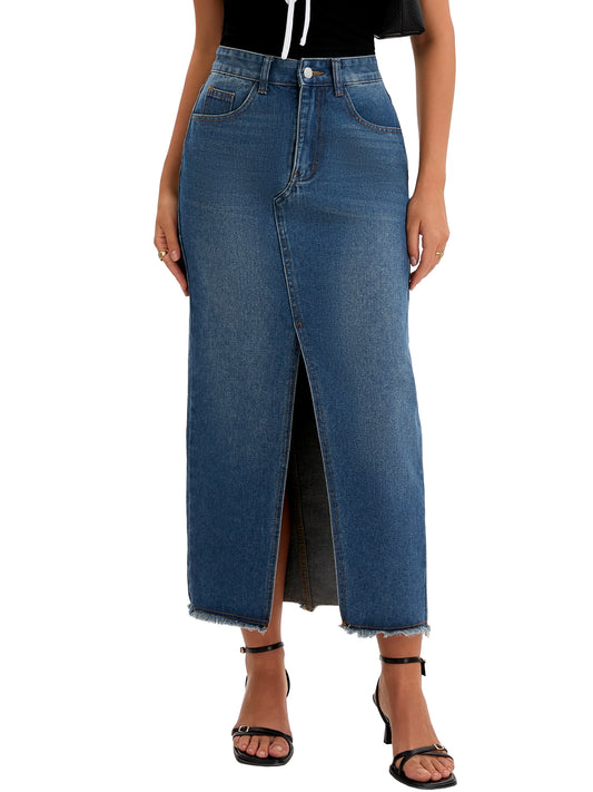 Women's Denim High Waist Split Front Raw Hem Washed Maxi Skirt with Pockets