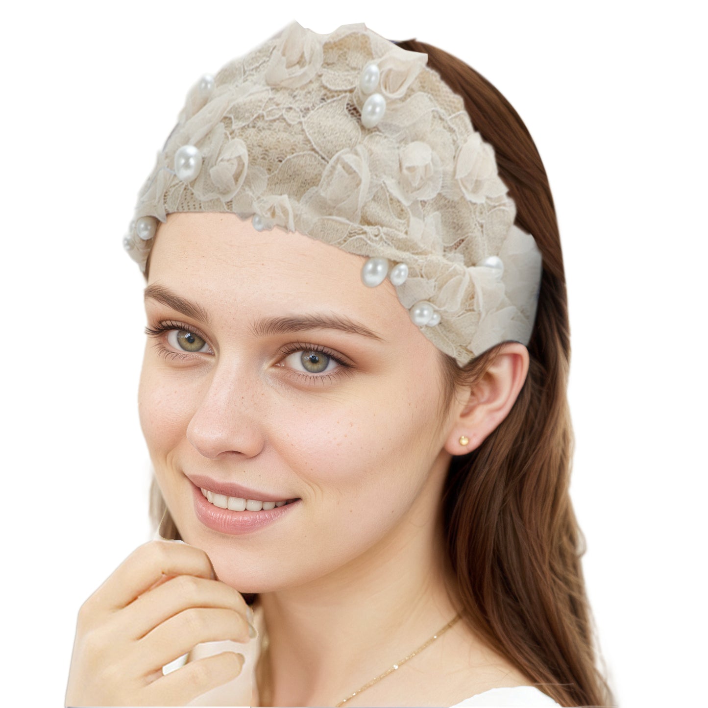 Faux Pearl Lace Wide Headband for Women Beige 1 Pc