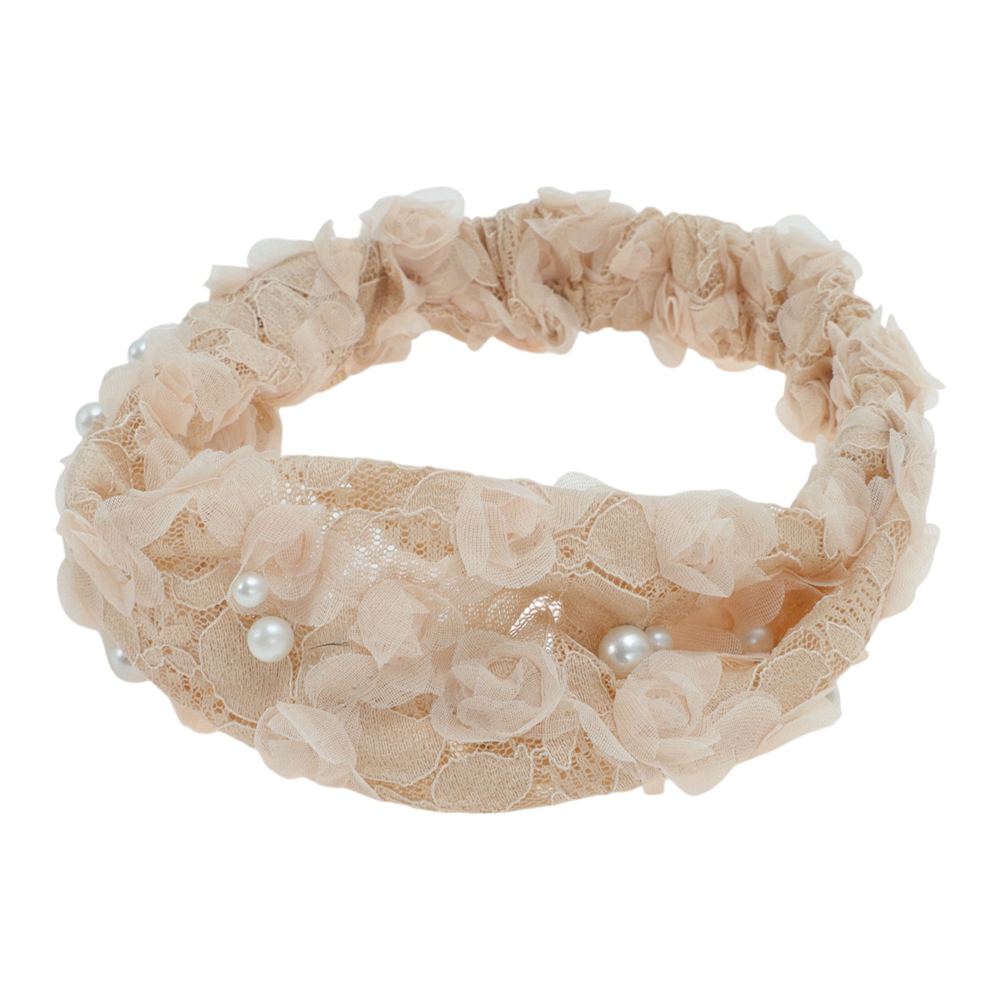 Faux Pearl Lace Wide Headband for Women Beige 1 Pc