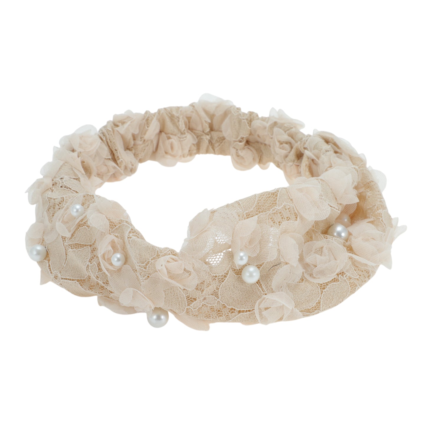 Faux Pearl Lace Wide Headband for Women Beige 1 Pc