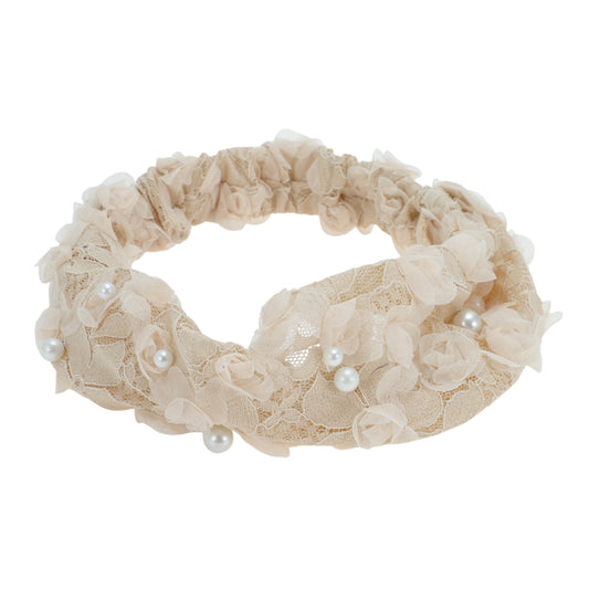 Diadema ancha de encaje con perlas sintéticas para mujer, color beige, 1 unidad