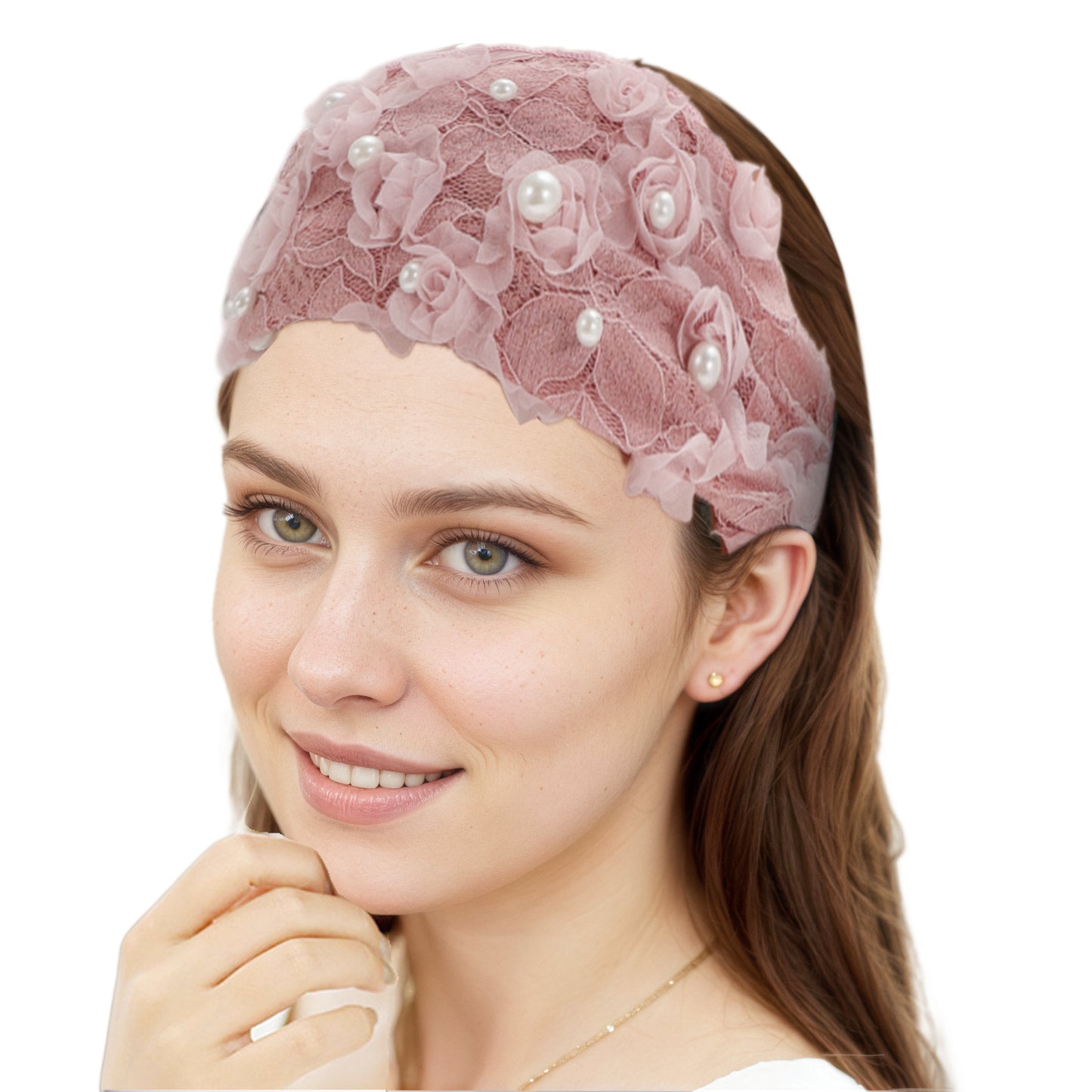 Faux Pearl Lace Wide Headband for Women Pink 1 Pc