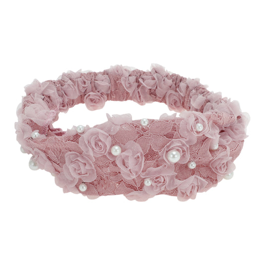Diadema ancha de encaje con perlas sintéticas para mujer, color rosa, 1 unidad