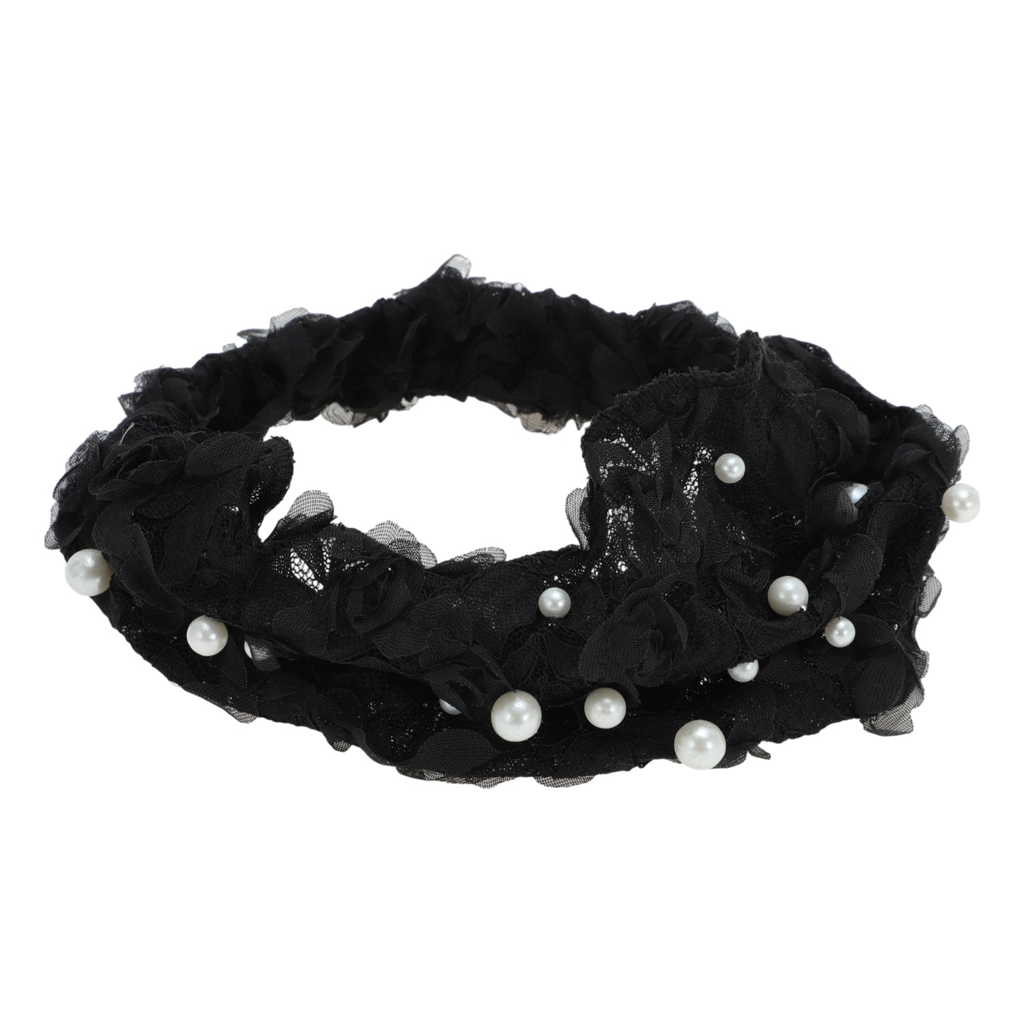 Faux Pearl Lace Wide Headband for Women Black 1 Pc