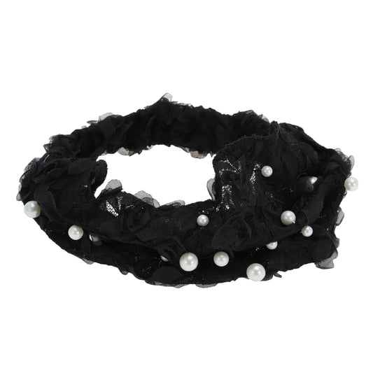 Diadema ancha de encaje con perlas sintéticas para mujer, color negro, 1 unidad