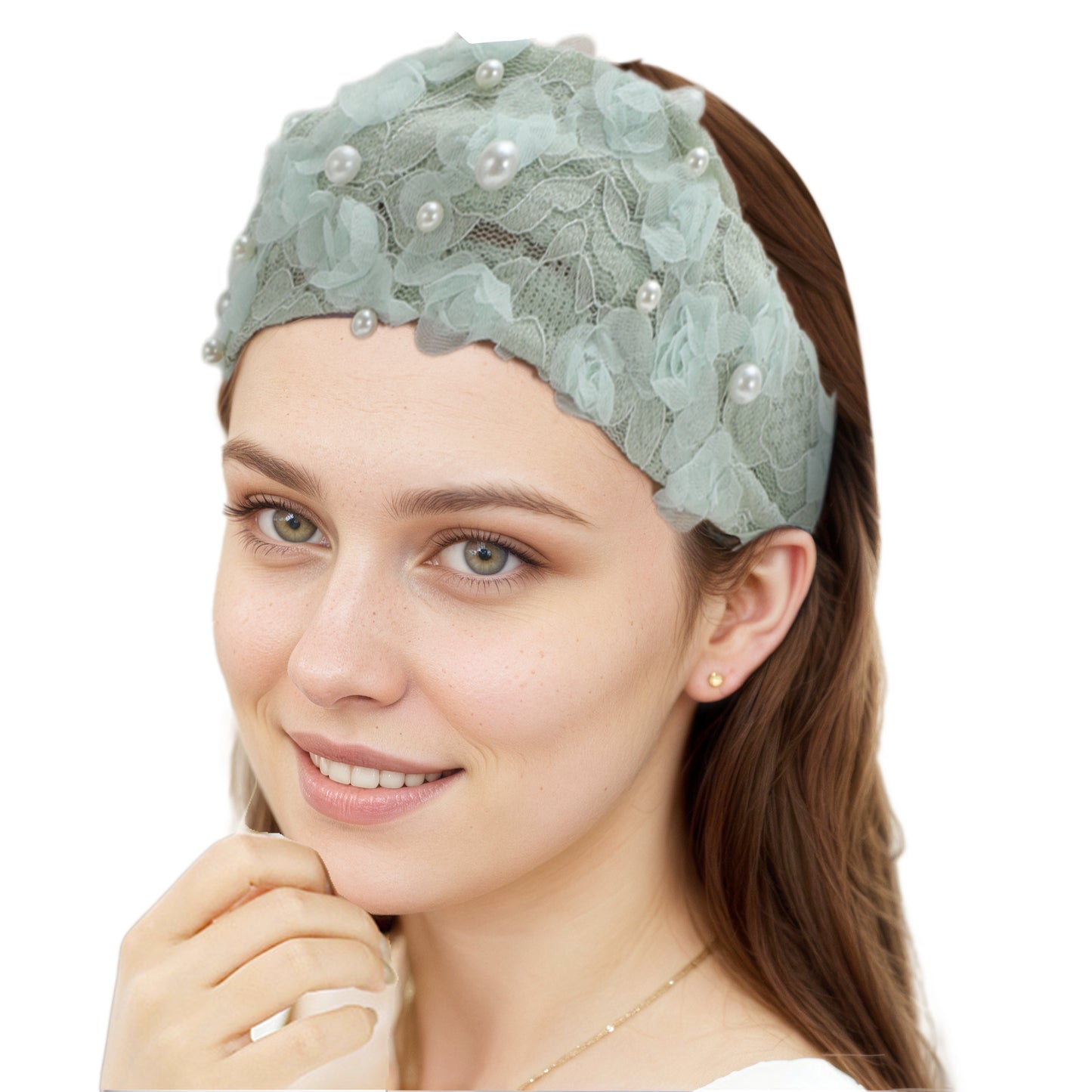 Faux Pearl Lace Wide Headband for Women Light Green 1 Pc