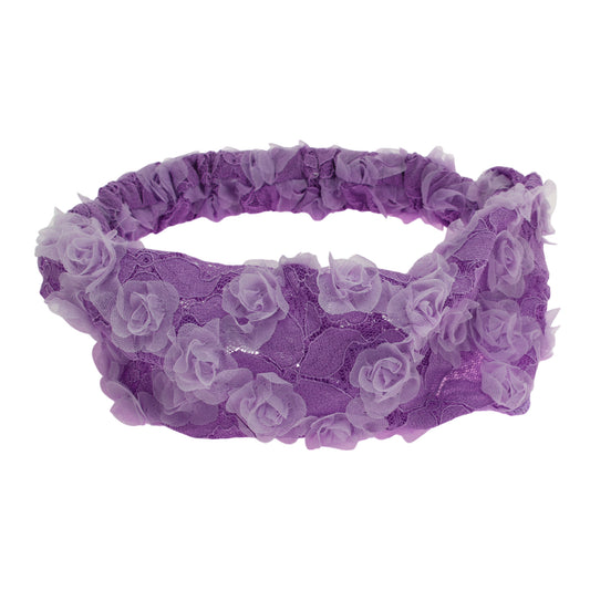 Diadema ancha de encaje con decoración de flores de malla para mujer, color morado, 1 pieza