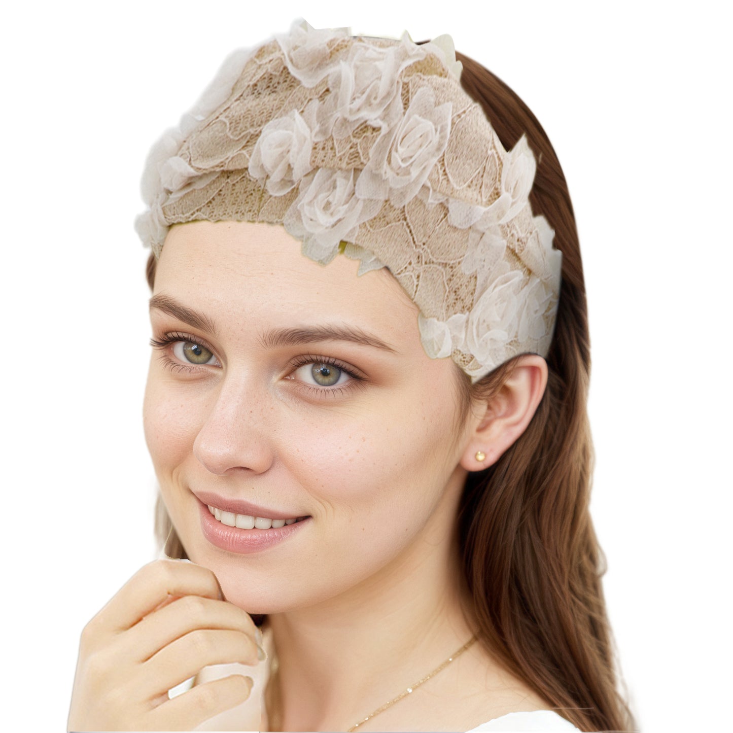 Diadema ancha de encaje con decoración de flores de malla para mujer, color beige, 1 pieza