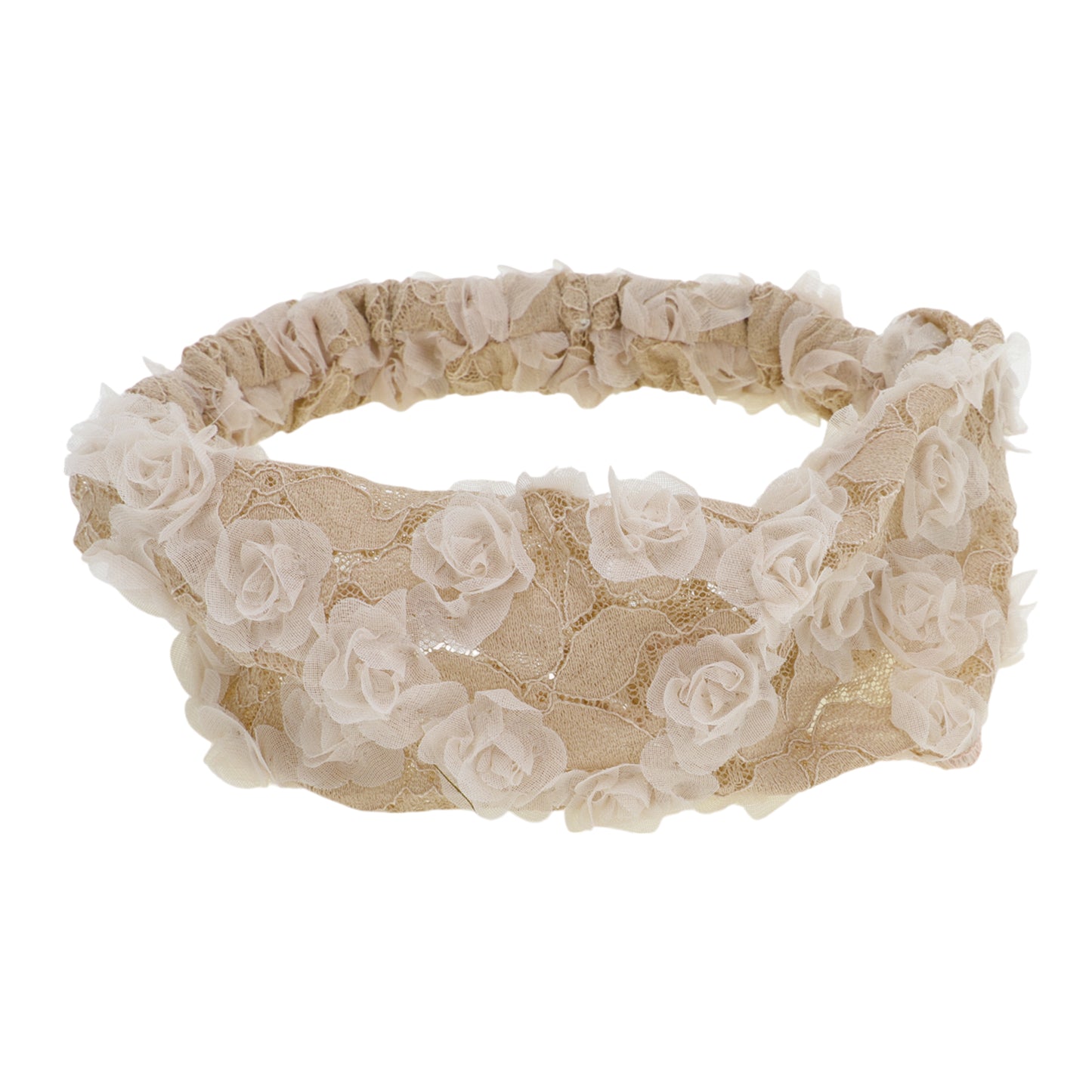 Diadema ancha de encaje con decoración de flores de malla para mujer, color beige, 1 pieza