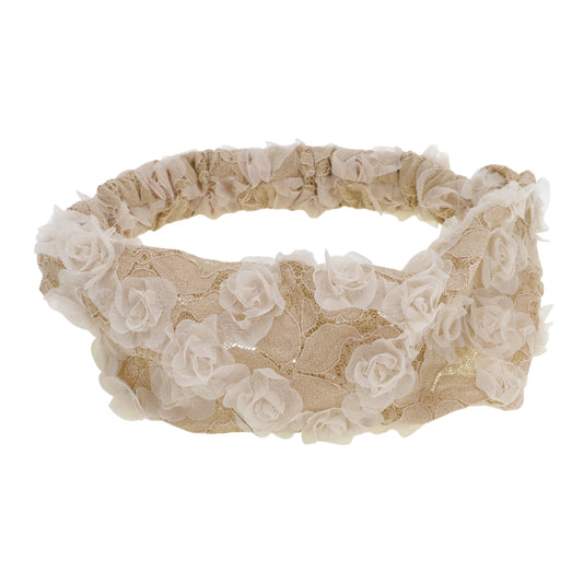 Diadema ancha de encaje con decoración de flores de malla para mujer, color beige, 1 pieza