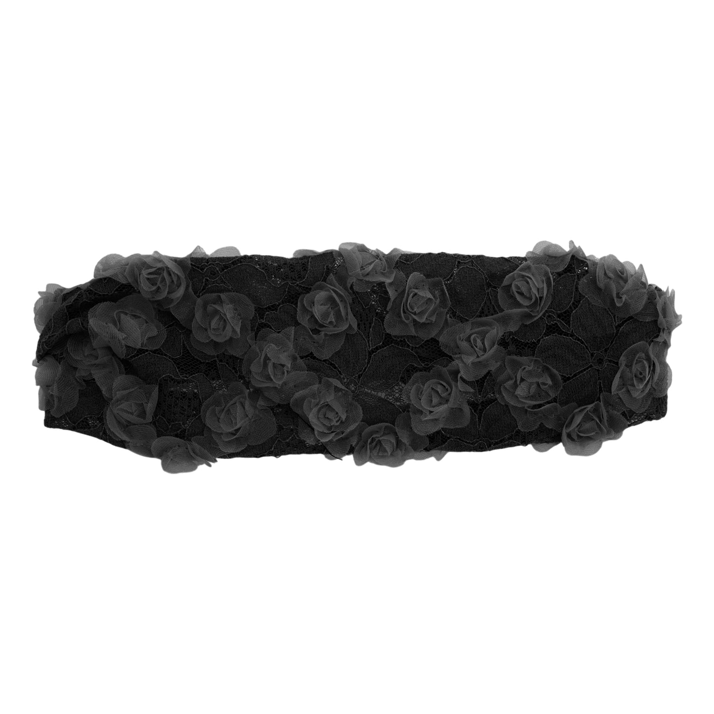Diadema ancha de encaje con decoración de flores de malla para mujer, color negro, 1 pieza