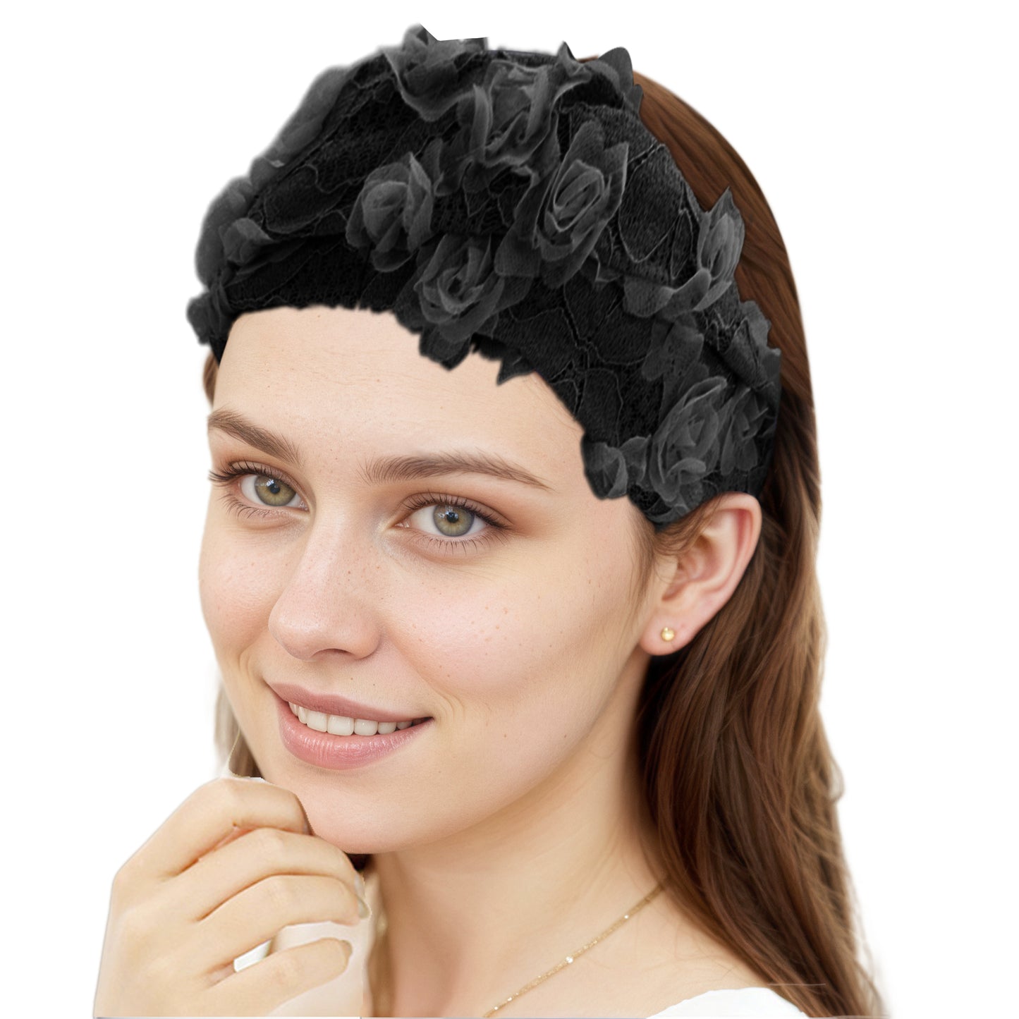 Diadema ancha de encaje con decoración de flores de malla para mujer, color negro, 1 pieza